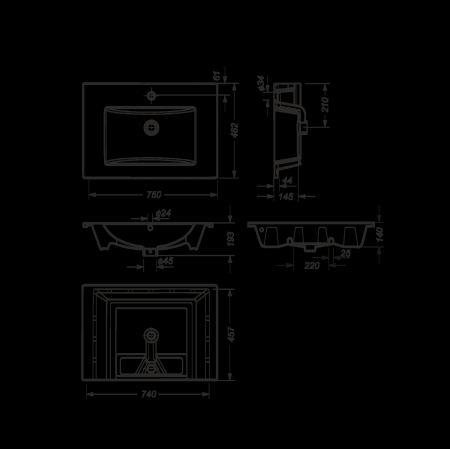Раковина подвесная 75см Sanita Luxe Quadro QDR75SLWB01 белый